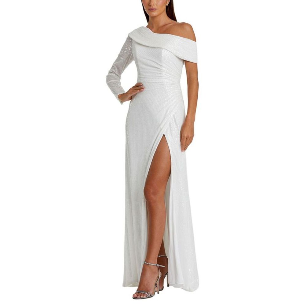 Mac Duggal Womens  Sequined Drop Shoulder Faux Wrap Gown, White